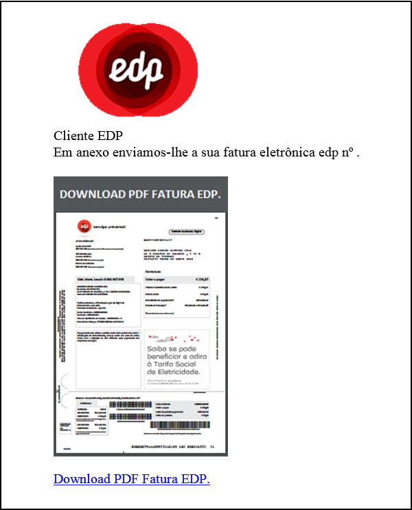 Correo que suplanta a EDP, con el aviso de la falsa factura
