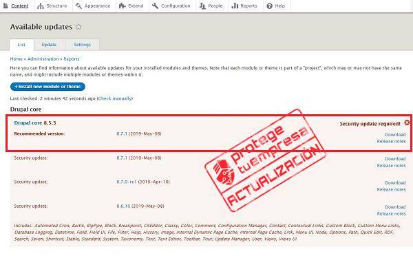Imagen que muestra el aviso de versión disponible dentro de la configuración de la administración del drupal
