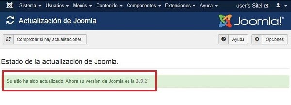 Imagen que muestra que la actualización de Joomla! se ha realizado correctamente.