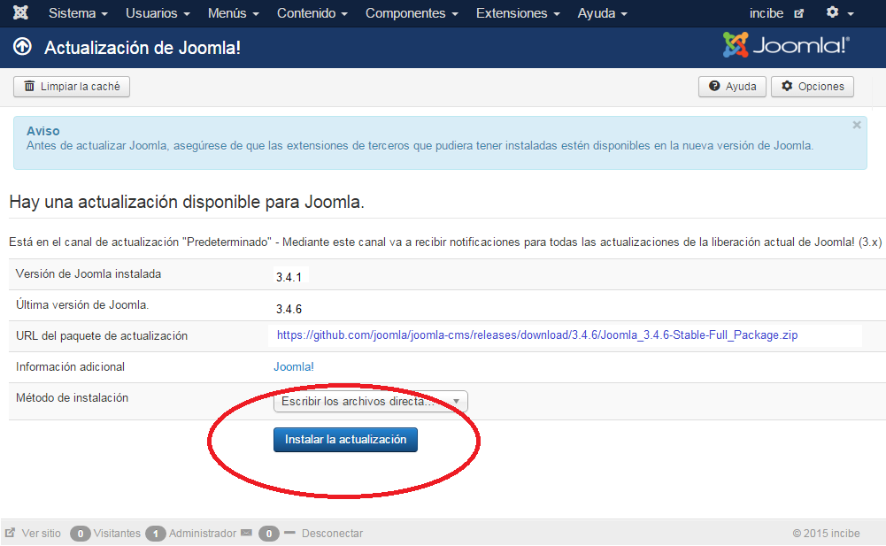 Joomla!: Actualización de Joomla!: Pulsar botón instalar actualización
