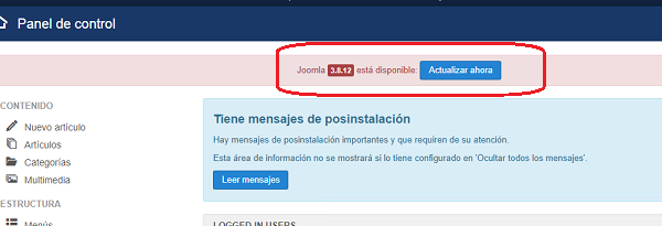 Imagen que muestra el aviso de actualización al entrar al panel de control de Joomla!