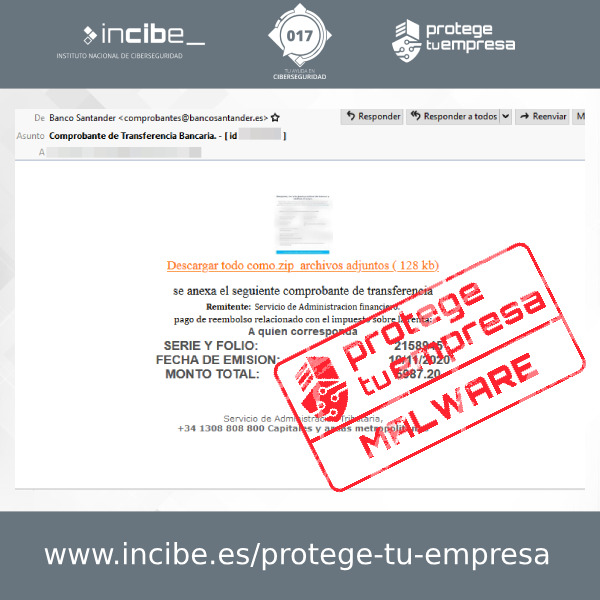 Correo malicioso suplantando al Banco Santander cuyo proposito es difundir malware