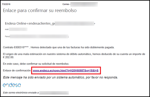 Imagen que muestra el correo electrónico fraudulento con el enlace a la dirección maliciosa