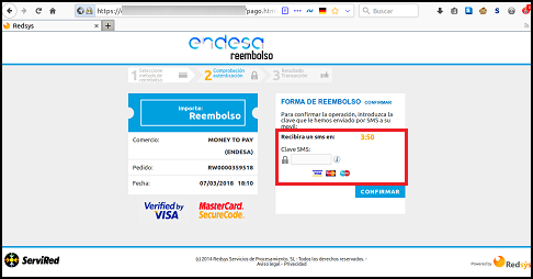 Imagen que muestra la supuesta página donde incluir el sms que llega tras hacer un pago legítimo al banco