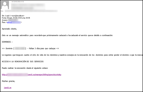 Imagen que muestra el correo electrónico fraudulento donde figura el enlace al falso servicio