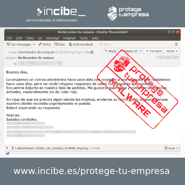 Imagen del correo fraudulento que difunde malware utilizando como gancho un falso pedido