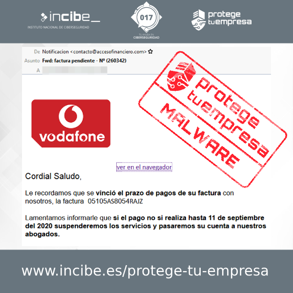 Aviso de seguridad 09/09/2020 - Falsa factura con malware Vodafone
