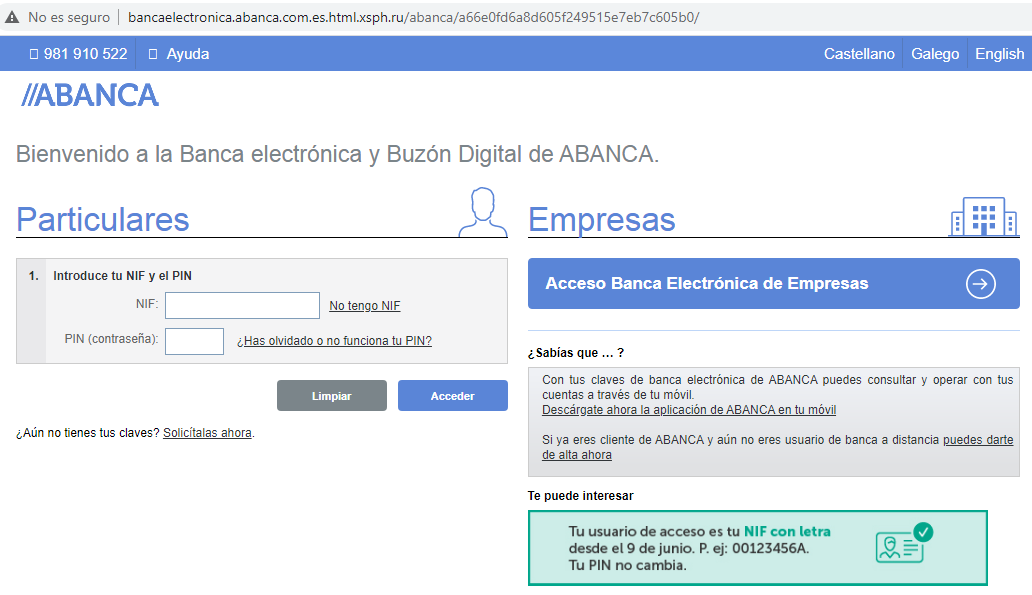 Aviso de seguridad 15/09/2020 - Página web phishing ABANCA