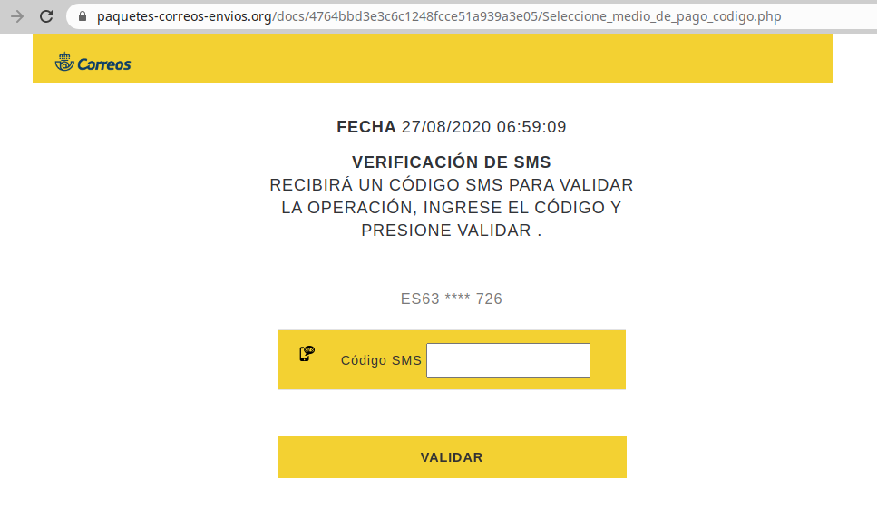 Aviso de seguridad 20/08/2020 - Solicitud código validación Correos