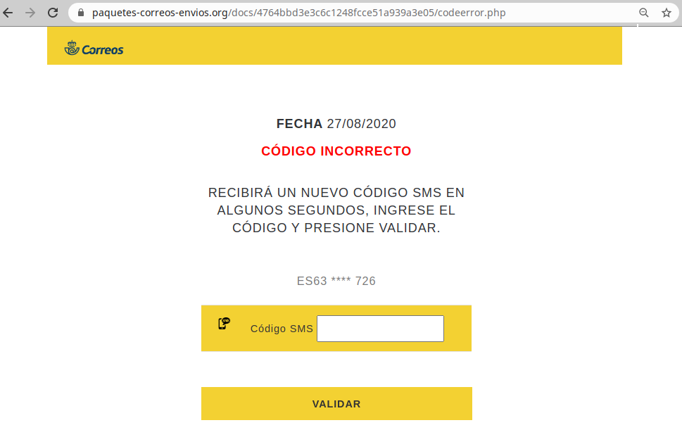 Aviso de seguridad 20/08/2020 - Aviso código validación erróneo Correos