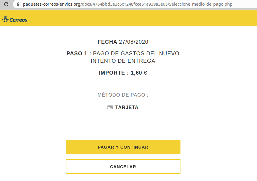 Aviso de seguridad 20/08/2020 - Página web phishing Correos