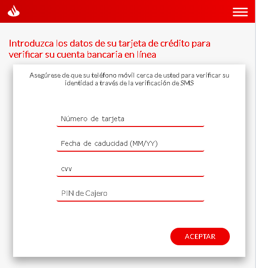 Solicitud datos tarjeta crédito