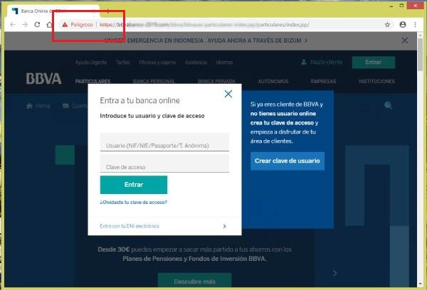 Imagen que muestra la pantalla principal fraudulenta del phishing donde hay que introducir las credenciales y donde se puede ver la ausencia de protocolo https