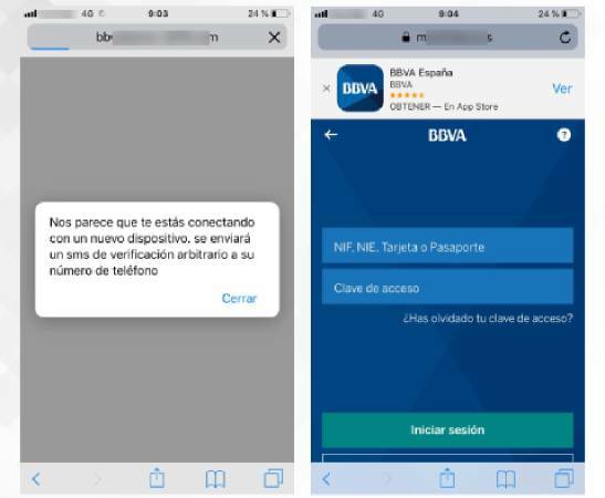 Imagen de dispositivo móvil que muestra la pantalla que sale tras introducir un falso código que supuestamente habrían enviado vía SMS, y la legítima del BBVA donde se dirige el phishing una vez ha obtenido las credenciales del usuario.