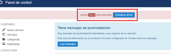 Imagen que muestra el aviso de actualización disponible