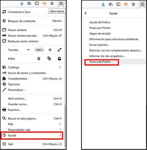 Imagen que muestra las opciones mencinadas: ayuda, acerca de Firefox