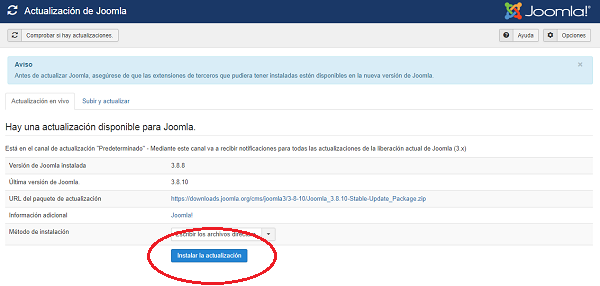 Imagen que muestra el botón instalar actualización para pasar a la última versión disponible de Joomla!