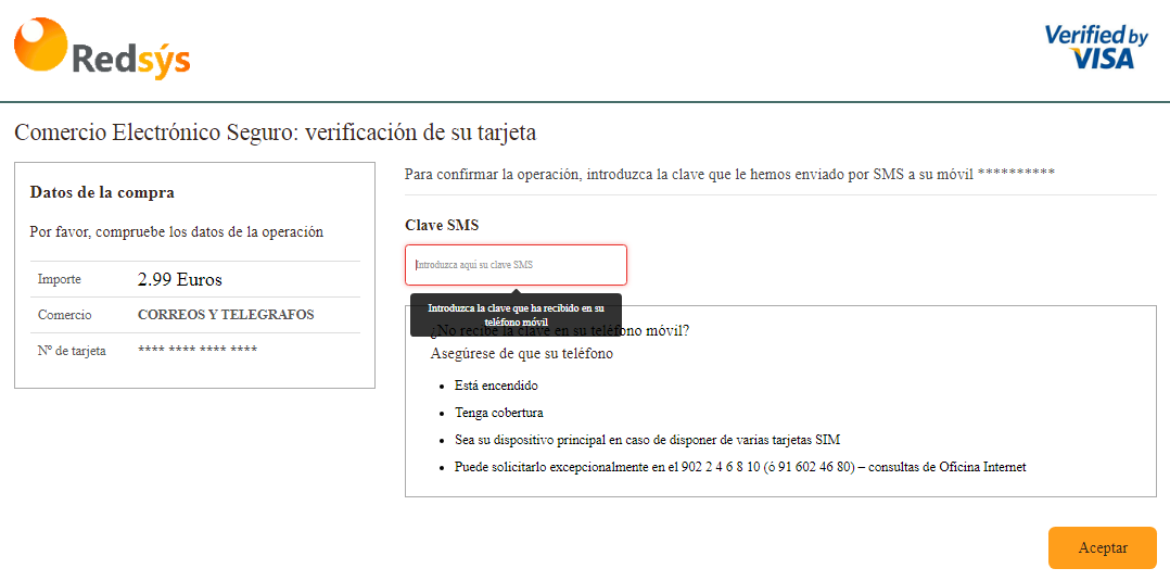 Aviso de seguridad 14/09/2020 - Introducir código SMS correos