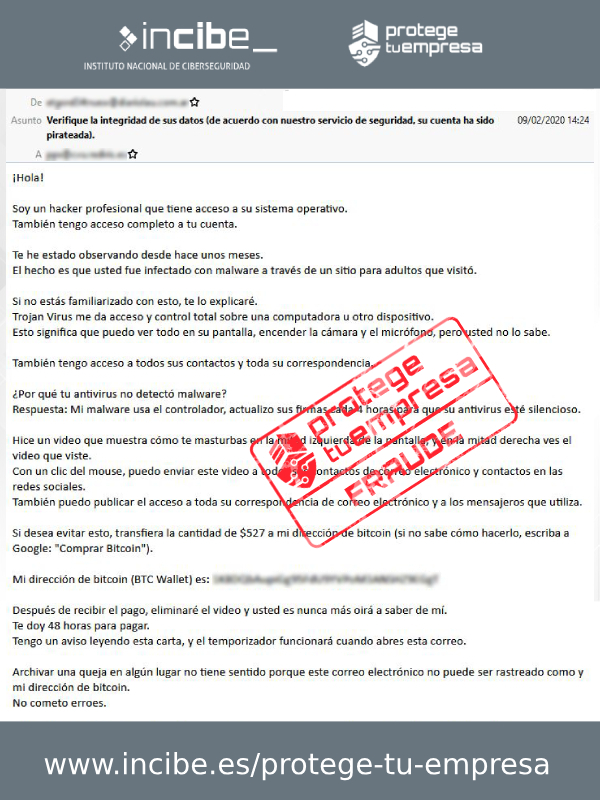 Correo electrónico que muestra el intento de sextorsión