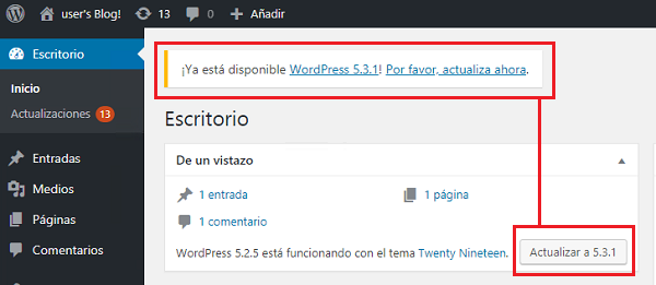 Imagen que muestra que está disponible la versión 5.3.1