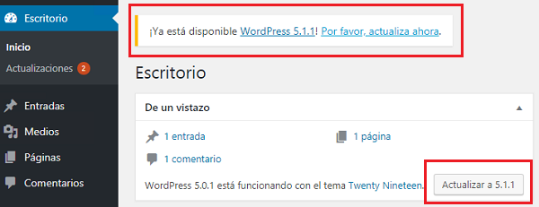 Imagen que muestra las actualizaciones disponibles una vez pulsado escritorio, actualizaciones. En este caso se puede comprobar que está disponible la versión de WordPress 5.1.1