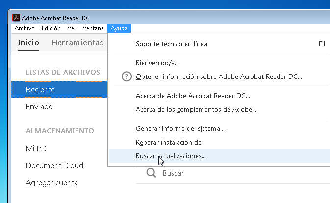 Adobe Acrobat Reader: Menú ayuda: Opción buscar actualizaciones