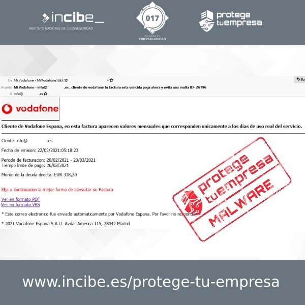 Correo malicioso suplantando a Vodafone cuyo objetivo es distribuir malware