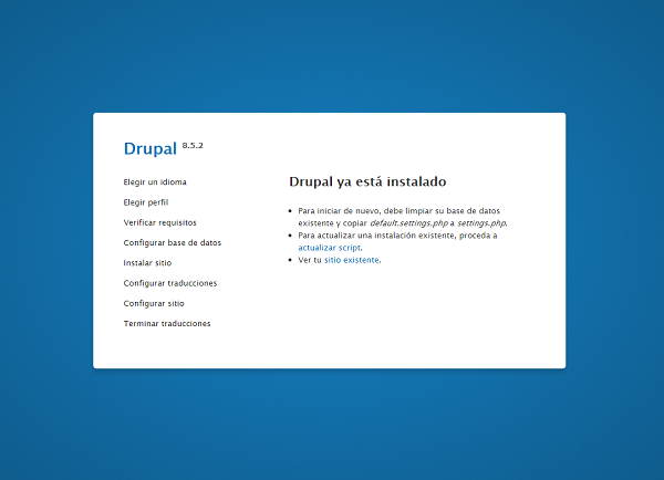 Captura de pantalla que muestra que el drupal se ha actualizado correctamente a al versión 8.5.2