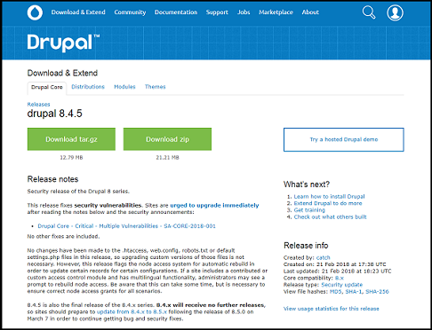 Página oficial de drupal donde viene la versión disponible a descargar.
