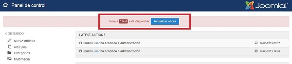 Imagen que muestra el backend de Joomla! donde se avisa de la disponibilidad de una nueve versión del gestor de contenidos. En este caso la 3.9.11