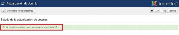 Imagen que muestra que la actualización de Joomla! ha finalizado correctamente.