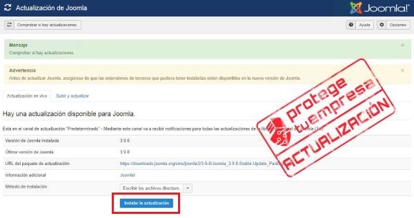 Imagen que muestra la pantalla de Joomla! donde aparece el botón instalar la actualización.