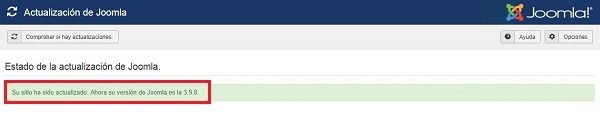 Imagen que muestra la pantalla de Joomla! donde se indica que el sitio ha sido actualizado correctamente