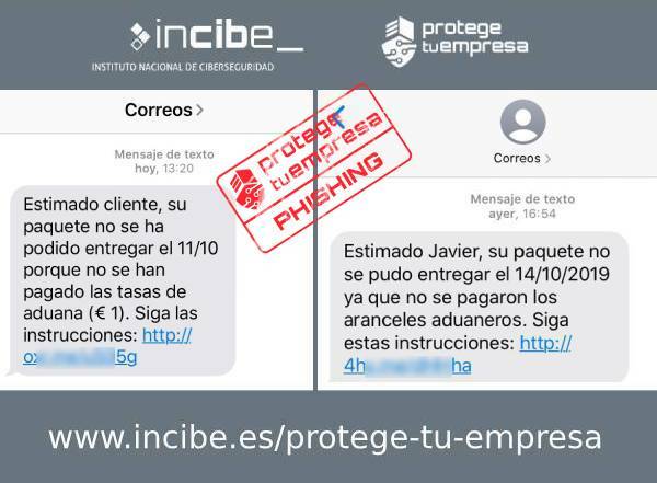 Imagen que muestra los dos tipos de SMS que suplantan la identidad de correos.