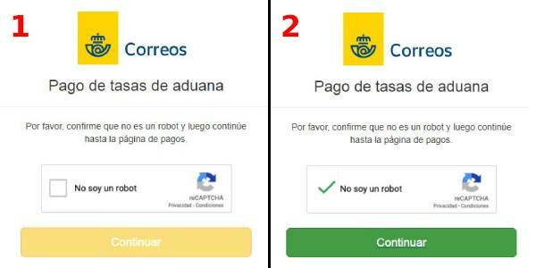 Imagen que muestra el check del captcha como primer paso para el engaño bajo el literal pago de tasas de aduana