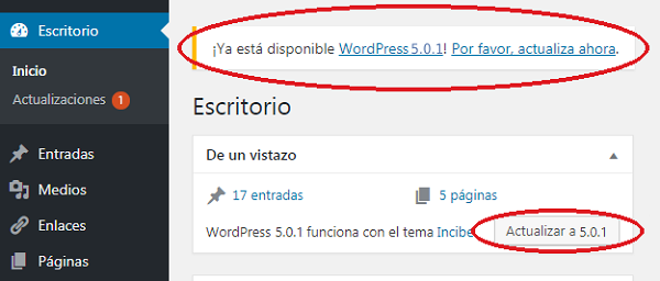 Imagen que muestra los botones de actualización de WordPress, donde se indica que hay una versión disponible.