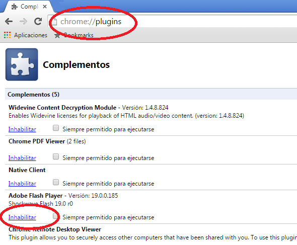 Google Chrome: escribir chrome://plugins: Pulsar en detalles: 
