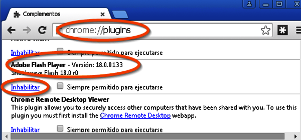 Google Chrome: escribir chrome://plugins: Pulsar en detalles: 
