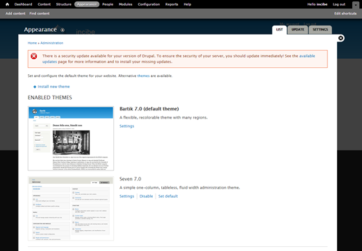 Drupal: Administración del sitio: Notificación de actualización disponible
