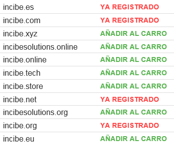 Tabla con nombres de dominio utilizando como referencia INCIBE.