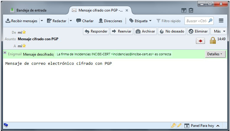 Mensaje descifrado con Thunderbird