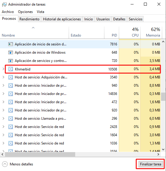 Administrador de tareas mostrando un proceso malicioso identificado con EmoCheck