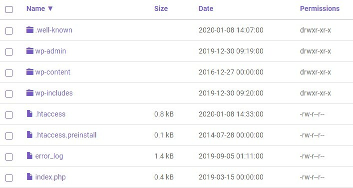 Ejemplo de los permisos correctos en ficheros y directorios para WordPress.