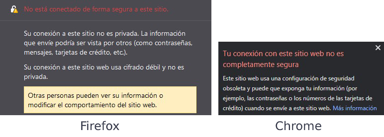 Notificaciones de Firefox y Chrome avisando de una implementación insegura de TLS.