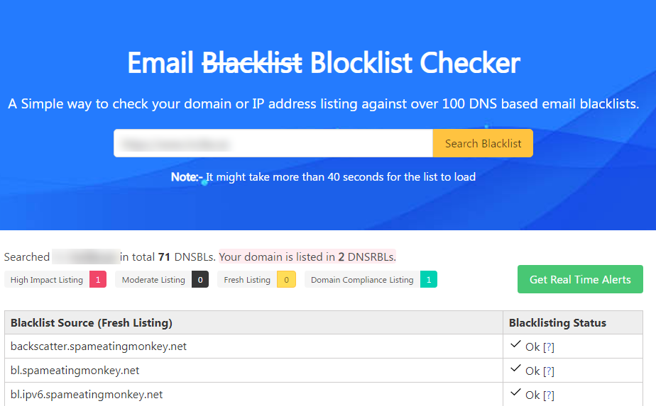 Captura de pantalla de la verificación de un dominio con resultado positivo de blacklist en Pepitools