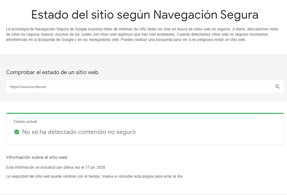 Captura del resultado de verificación de un dominio a través de Transparencyreport de Google