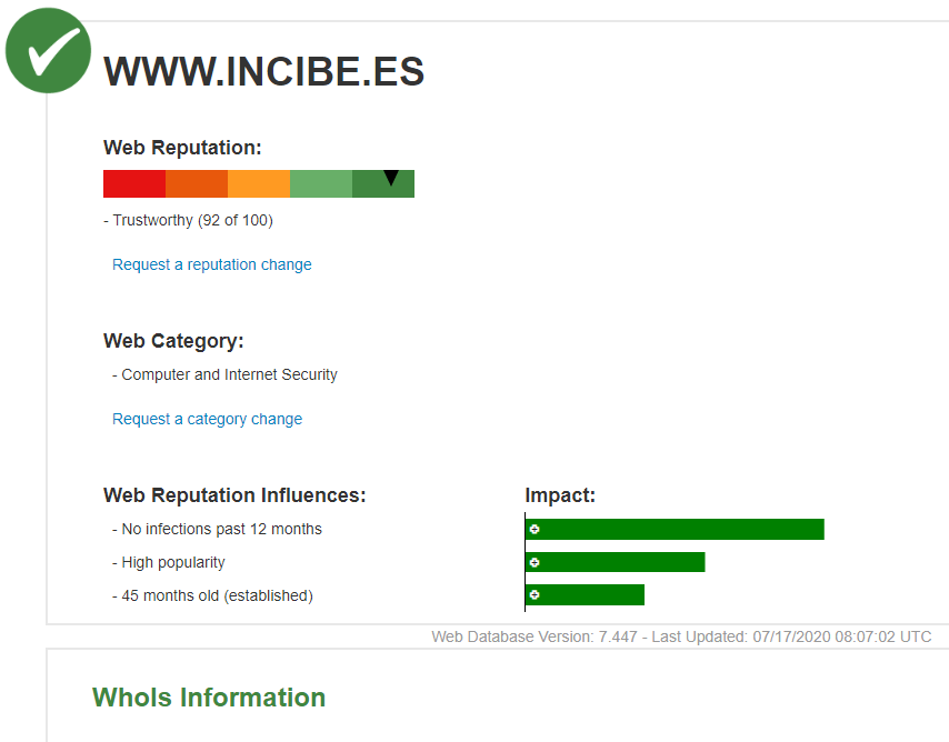 Ejemplo de un informe de reputación en BrightCloud sobre la web de www.incibe.es