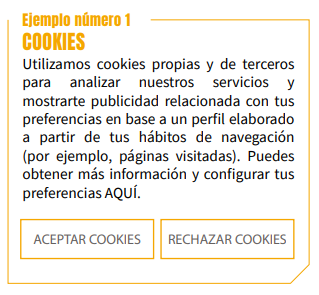 Ejemplo de advertencia inicial de cookies de capa1. (Fuente: AEPD)