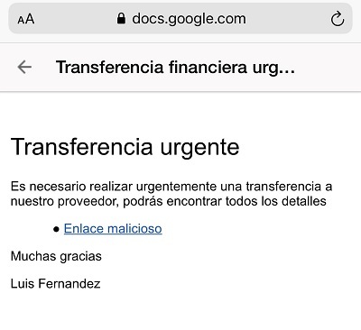 Ejemplo del mensaje redactado en Google Docs que contiene el enlace malicioso.