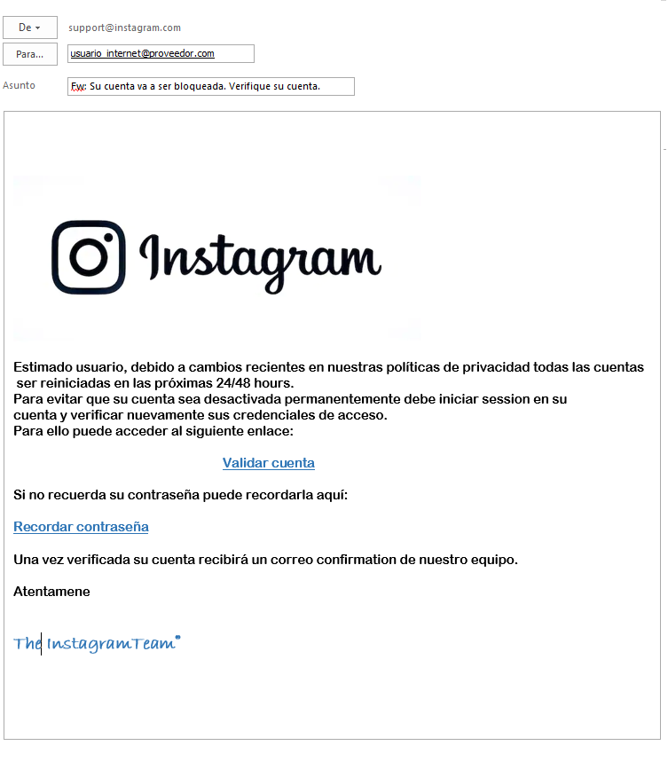 Correo simulado de validación de credenciales de Instagram. Se pueden identificar algunos fallos de redacción y ortográficos.